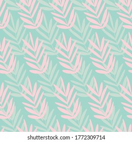 Seamless palm leaf leaves texture pattern. Stylish repeating texture. Trendy. Botanical beach pattern with teal and pink leaves.