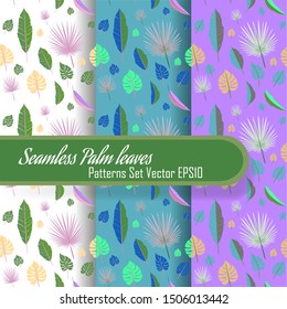 Seamless palm leafs set of patterns, looped fabric  texture for web and print.  Summer time, travel and vacation mood.