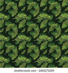 Seamless palm leaves pattern dark. Floral jungle background