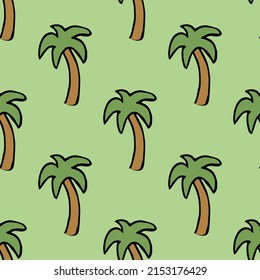 Seamless palm pattern. Colored palm background. Doodle tropic pattern with green palms. Vintage palms pattern