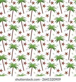 Seamless palm pattern with tropical tree. Beach summer background with starfish