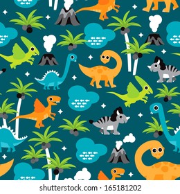 Seamless palm tree dinosaurs animal illustration background pattern in vector 