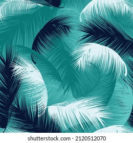 seamless palm tree leaves pattern on blue background