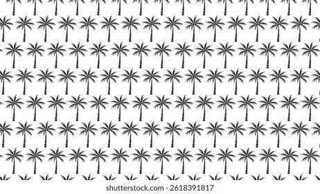 Seamless palm tree pattern, black and white tropical background, summer beach vibes. Hand drawn coconut trees in clean line art style. Perfect for textiles, wallpapers, packaging, digital prints