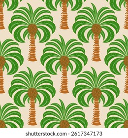Seamless palm tree pattern featuring tropical botanical elements. This design is perfect for summer.