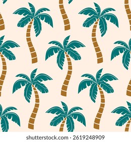 Seamless palm tree pattern featuring tropical botanical elements. This design is perfect for summer.	