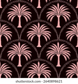 Seamless palm tree pattern featuring tropical botanical elements. This design is perfect for summer.	