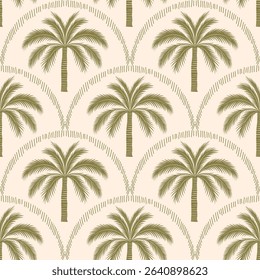Seamless palm tree pattern featuring tropical botanical elements. This design is perfect for summer.	