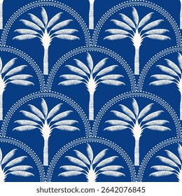 Seamless palm tree pattern featuring tropical botanical elements. This design is perfect for summer.	