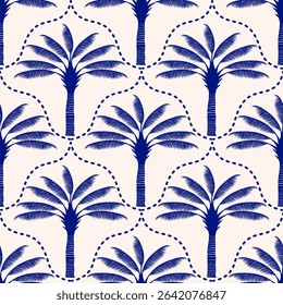 Seamless palm tree pattern featuring tropical botanical elements. This design is perfect for summer.	
