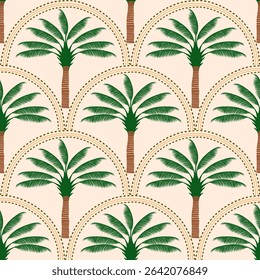 Seamless palm tree pattern featuring tropical botanical elements. This design is perfect for summer.	