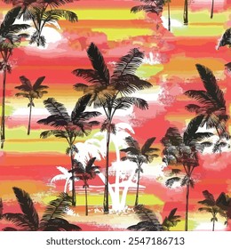 Seamless palm tree pattern with red, yellow, orange, black and white color hand drawn art abstract sunset tropical hawaiian leaves background elements