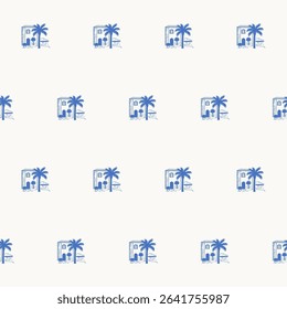 Seamless Palm Tree Textile Print Pattern. Mediterranean Atmosphere. Travel Vacation Rest Theme. Summer Resort Fabric Swatch Doodle Line Art 
 Hand Crafted Decoration. Simple Sketch Outline Drawing.