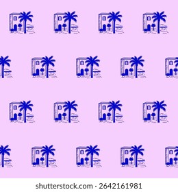 Seamless Palm Tree Textile Print Pattern. Mediterranean Atmosphere. Travel Vacation Rest Theme. Summer Resort Fabric Swatch Doodle Line Art Hand Crafted Decoration. Simple Sketch Outline Drawing.
