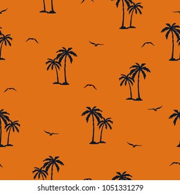 Seamless palm trees pattern. Vector tropical background with palms and seagulls silhouettes.