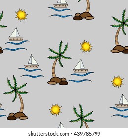 Seamless with palm trees, sailboat, sun on the gray background. For sea and ocean d?sign.