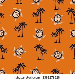Seamless palm trees and turtles pattern. Vector tropical background