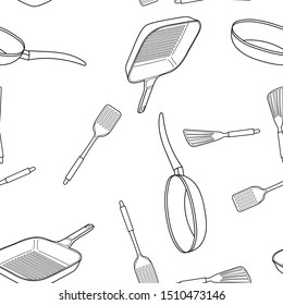Seamless Pan and spatula . Kitchenware  Pan and spatula icon.Vector illustration in sketch style.