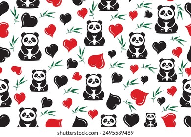 Seamless panda Black and White Pattern with red and black love icon Abstract Repetition Silhouettes, Vector illustration.