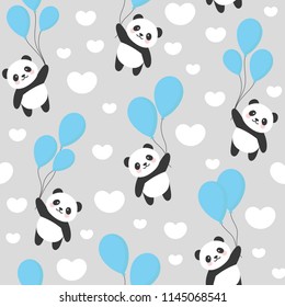 Seamless Panda Pattern Background, Happy cute panda flying in the sky between colorful balloons and clouds, Cartoon Panda Bears Vector illustration for Kids