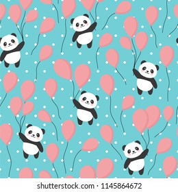Seamless Panda Pattern Background, Happy cute panda flying in the sky between colorful balloons and clouds, Cartoon Panda Bears Vector illustration for Kids