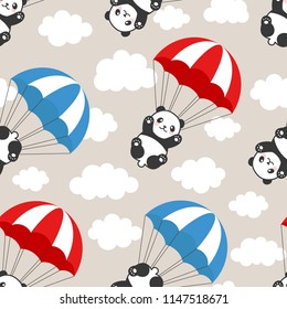 Seamless Panda Pattern Background, Happy cute panda flying in the sky between colorful parachute and clouds, Cartoon Panda Bears Vector illustration for Kids