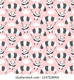 Seamless Panda Pattern Background, Happy cute panda flying in the sky between colorful paragliding and clouds, Cartoon Panda Bears Vector illustration for Kids