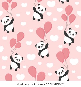 Seamless Panda Pattern Background, Happy cute panda flying in the sky between colorful balloons and clouds, Cartoon Panda Bears Vector illustration for Kids