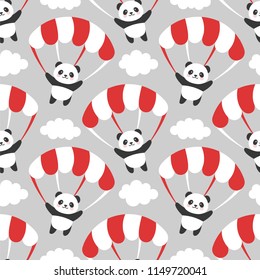 Seamless Panda Pattern Background, Happy cute panda flying in the sky between colorful paragliding and clouds, Cartoon Panda Bears Vector illustration for Kids