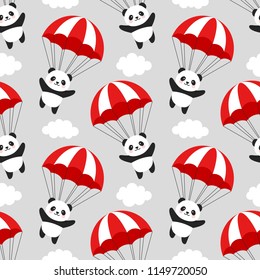Seamless Panda Pattern Background, Happy cute panda flying in the sky between colorful parachute and clouds, Cartoon Panda Bears Vector illustration for Kids