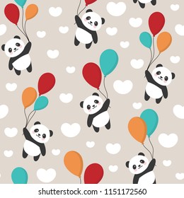 Seamless Panda Pattern Background, Happy cute panda flying in the sky between colorful balloons and clouds, Cartoon Panda Bears Vector illustration for Kids