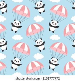 Seamless Panda Pattern Background, Happy cute panda flying in the sky between colorful parachute and clouds, Cartoon Panda Bears Vector illustration for Kids
