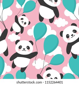 Seamless Panda Pattern Background, Happy cute panda flying in the sky between colorful balloons and clouds, Cartoon Panda Bears Vector illustration for Kids