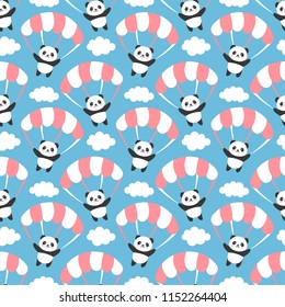 Seamless Panda Pattern Background, Happy cute panda flying in the sky between colorful paragliding and clouds, Cartoon Panda Bears Vector illustration for Kids