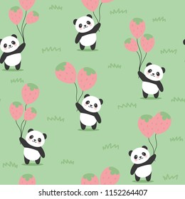 Seamless Panda Pattern Background, Happy cute panda in the forest between strawberry balloons, Cartoon Panda Bears Vector illustration for Kids