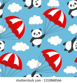 Seamless Panda Pattern Background, Happy cute panda flying in the sky between colorful parachute and clouds, Cartoon Panda Bears Vector illustration for Kids