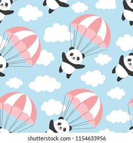 Seamless Panda Pattern Background, Happy cute panda flying in the sky between colorful parachute and clouds, Cartoon Panda Bears Vector illustration for Kids