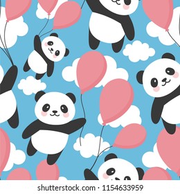 Seamless Panda Pattern Background, Happy cute panda flying in the sky between colorful balloons and clouds, Cartoon Panda Bears Vector illustration for Kids