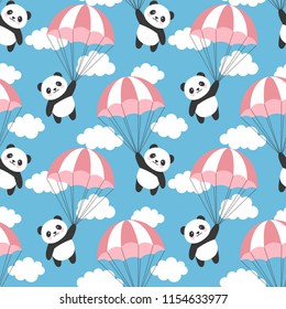 Seamless Panda Pattern Background, Happy cute panda flying in the sky between colorful parachute and clouds, Cartoon Panda Bears Vector illustration for Kids