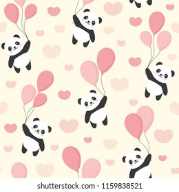 Seamless Panda Pattern Background, Happy cute panda flying in the sky between colorful balloons and clouds, Cartoon Panda Bears Vector illustration for Kids