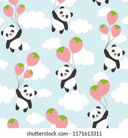 Seamless Panda Pattern Background, Happy cute panda flying with strawberry balloon in the sky between colorful balloons, Cartoon Panda Bears Vector illustration for Kids