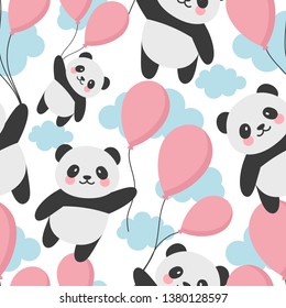 Seamless Panda Pattern Background, Happy cute panda flying in the sky between colorful balloons and clouds, Cartoon Panda Bears Vector illustration for Kids