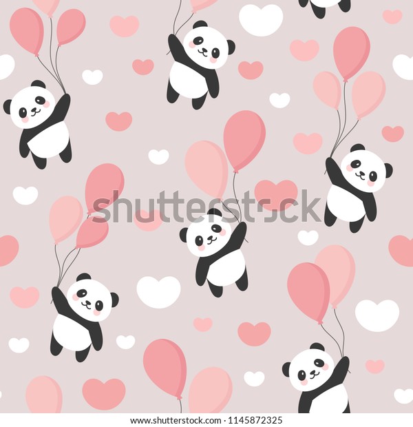 シームレスなパンダパターン背景 カラフルな風船と雲の間に空を飛ぶ幸せなかわいいパンダ 子ども用の漫画のパンダがベクターイラスト のベクター画像素材 ロイヤリティフリー 1145872325
