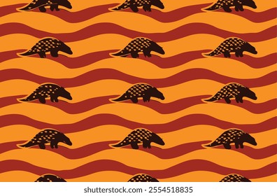 "Seamless Pangolin Silhouette Pattern with Wavy Orange and Brown Background for Textile and Design Inspiration. Perfect for creative projects, nature-inspired designs, and modern wildlife-themed fab

