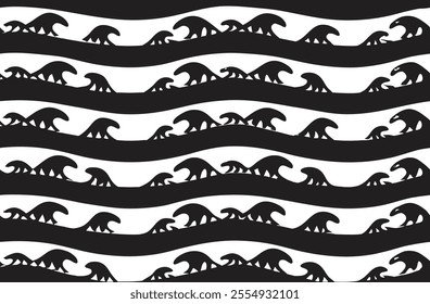 "Seamless Pangolin Silhouette Pattern with Wavy Black and White Stripes - Wildlife and Nature-Inspired Design"