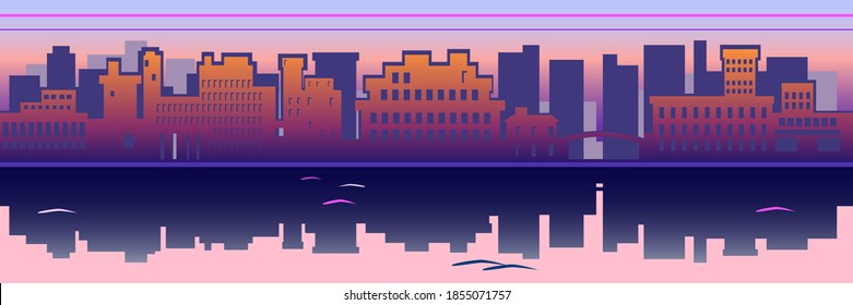 Seamless panorama of the evening city. Urban landscape against the backdrop of sunset. Houses and buildings are reflected in the waters of the river. Vector illustration.