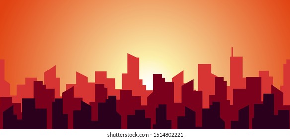 Seamless panorama of a hot morning in a big city. The silhouette of the roofs of skyscrapers in red and orange warm sunny color. Vector abstract flat endless illustration.