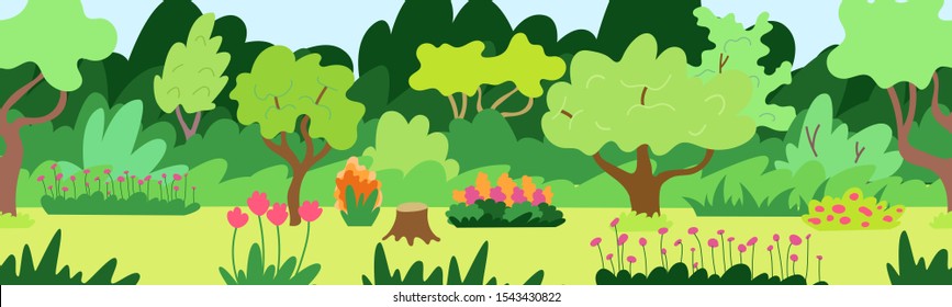 The seamless panorama - a landscape of beautiful summer park or forest with trees, bushes, and flowers. Vector Illustration for banner, landing pages or games.