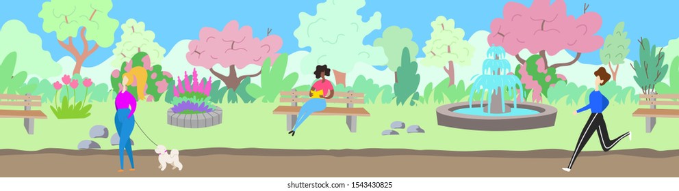 The seamless panorama - a landscape of summer park in the city with trees, flowers, and fountain. Vector Illustration of a woman with a dog, jogging man and woman sitting on a bench and reading a book