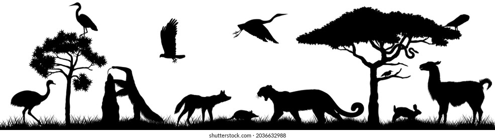 Panorama sin foco de las pampas con puma, rhea, lobo criado, conejo, búho, guanaco, hormiguero gigante, armadillo, pampas meadowlark y pampas serpiente